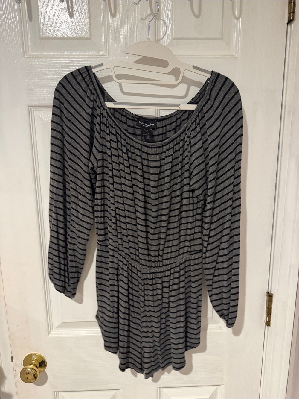 See You Monday Black and Gray Striped Long-Sleeve Romper
